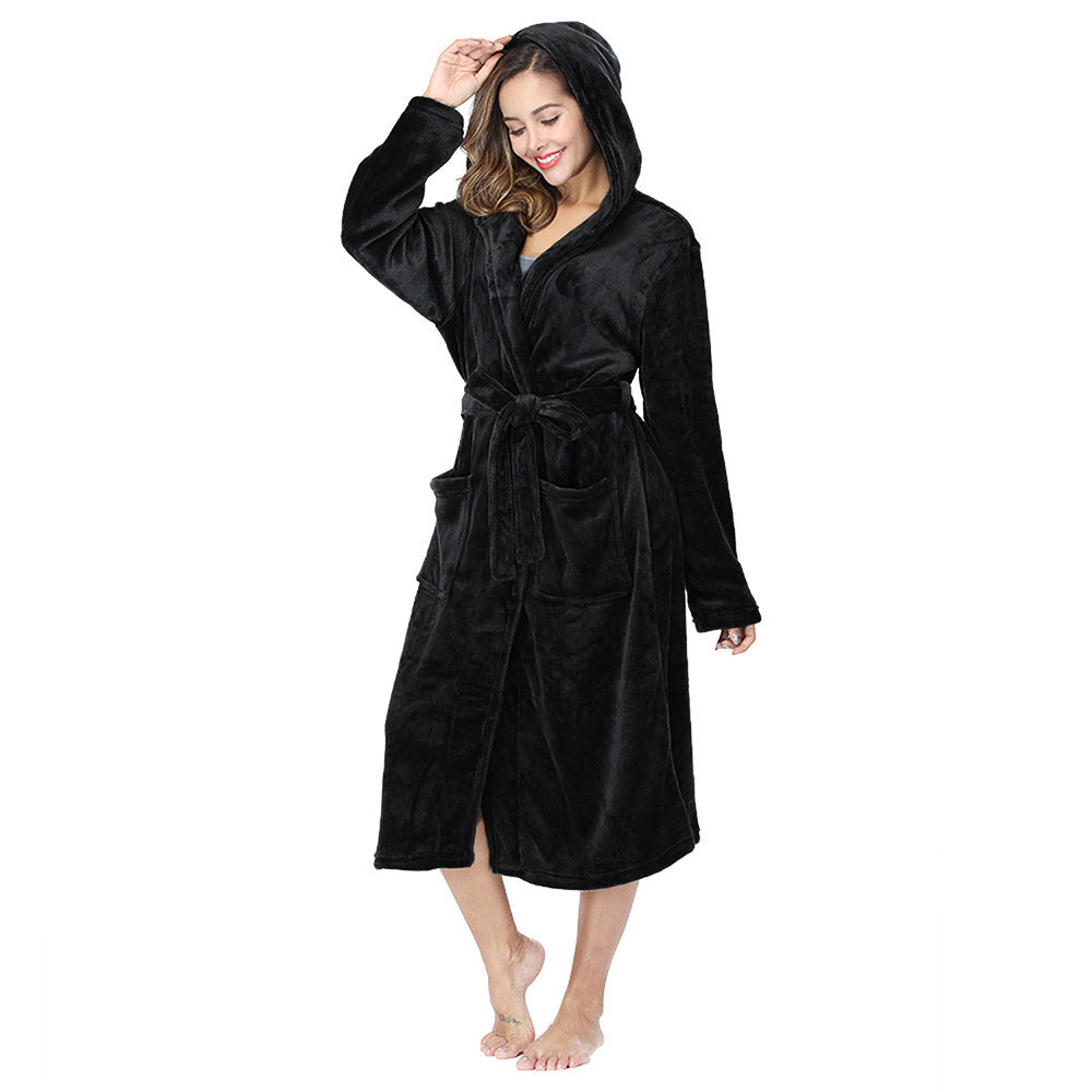 Womens Long Robes Plush Fleece Nightgown Thick Hooded Bathrobe