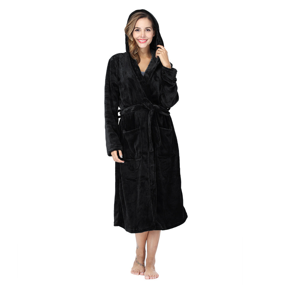 Womens Long Robes Plush Fleece Nightgown Thick Hooded Bathrobe