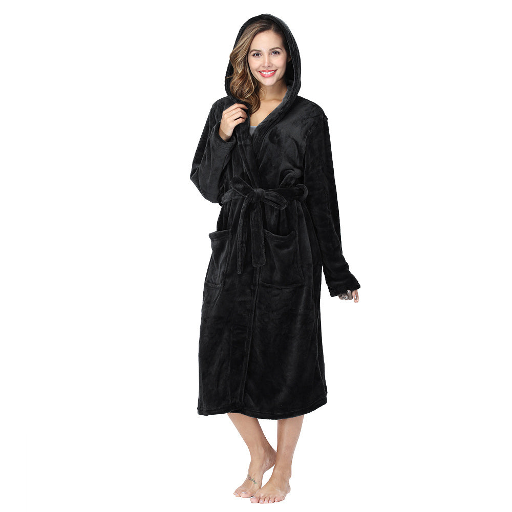 Womens Long Robes Plush Fleece Nightgown Thick Hooded Bathrobe
