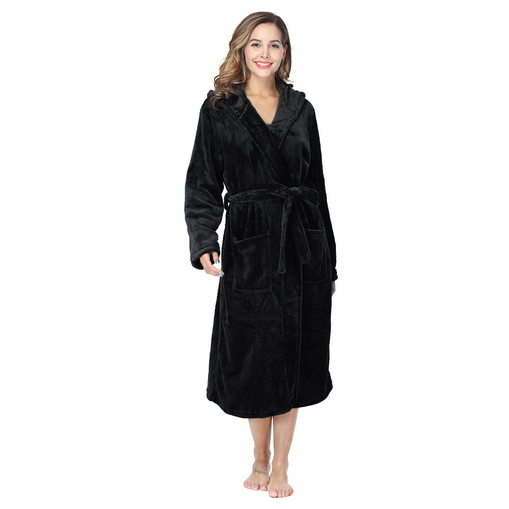 Womens Long Robes Plush Fleece Nightgown Thick Hooded Bathrobe